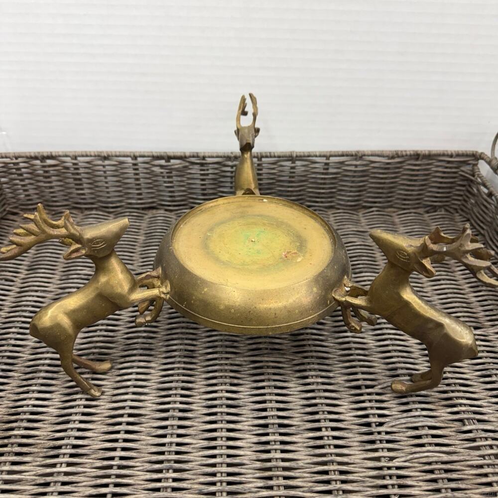Brass Deer Reindeer Trio Footed Large Pillar Candle Holder Christmas Holiday